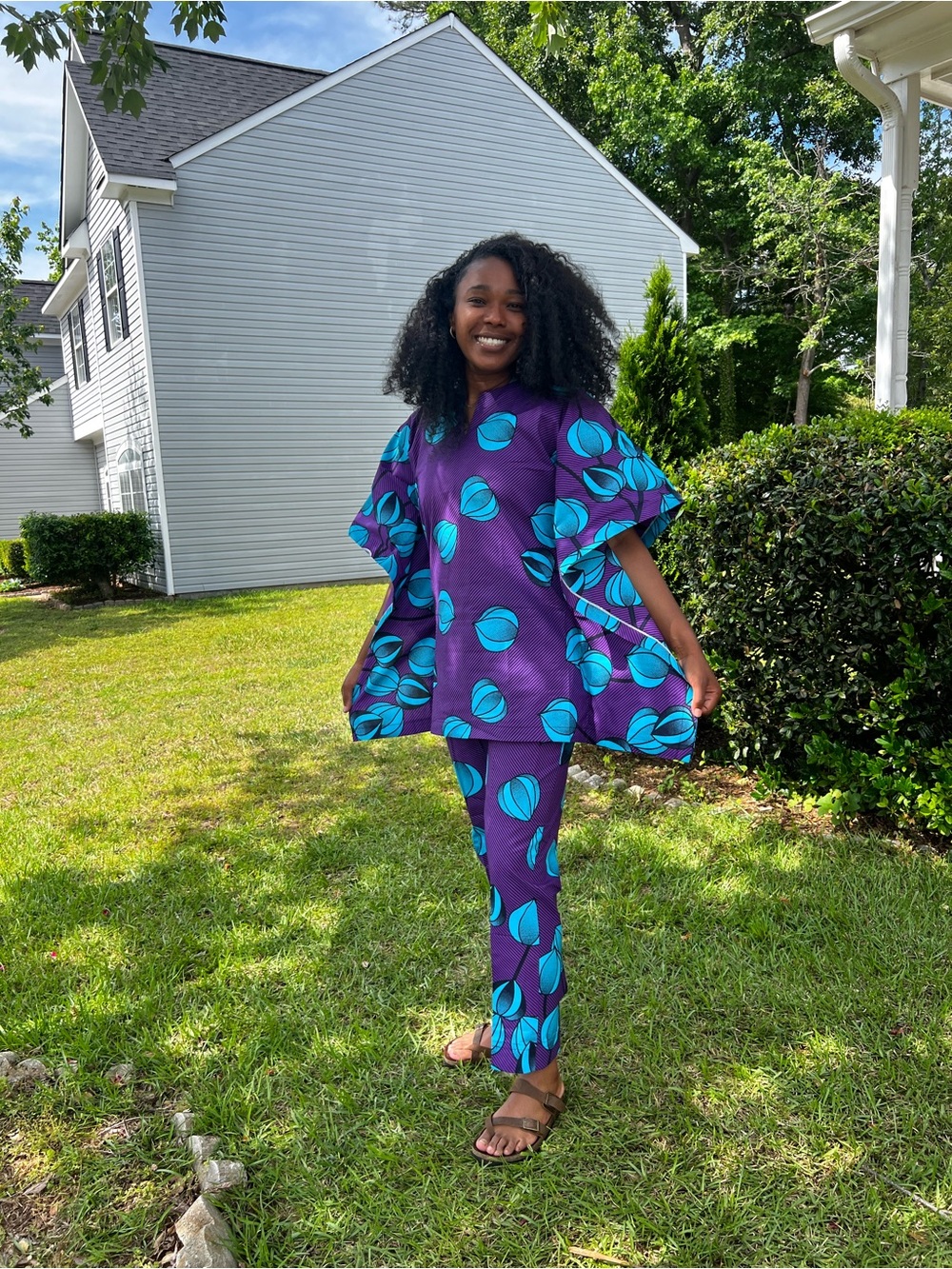 African Print Ankara Purple & Teal Printed Pants Set - Women - Picture 3 of 6
